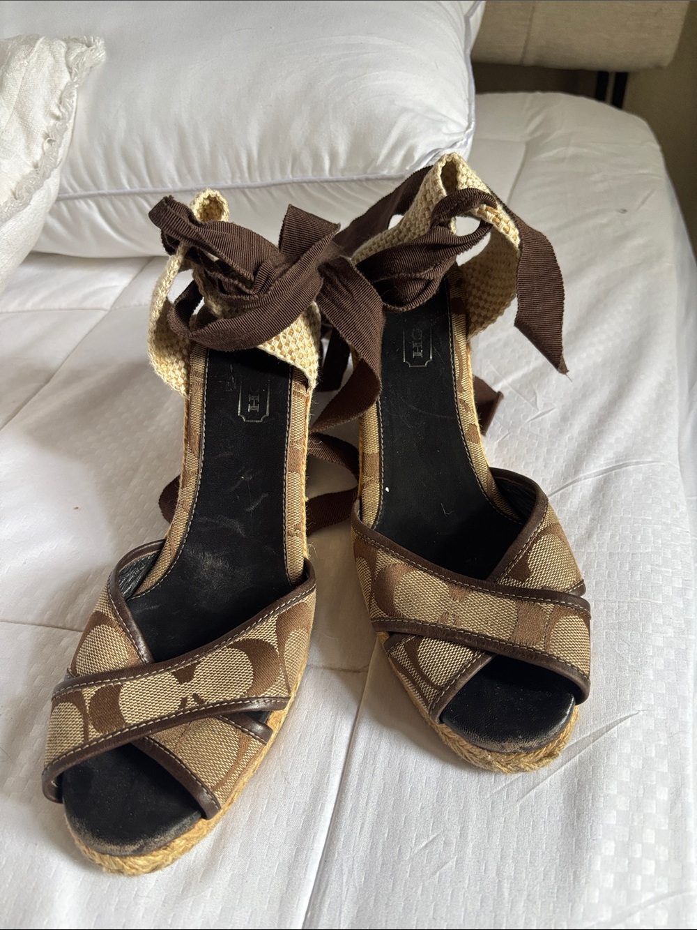 Coach Tan and Brown Signature Canvas Espadrille Wedges with Ankle Ties - Picture 4 of 4